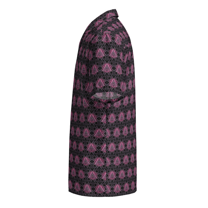 Left profile of Eyora button down – intricate sacred lines for elevated rave aesthetics.
