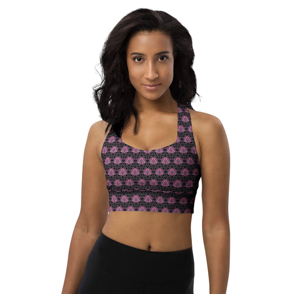 Front view of Eyora recycled sports bra with psychedelic sacred geometry design – ideal for yoga, festivals, and conscious movement.