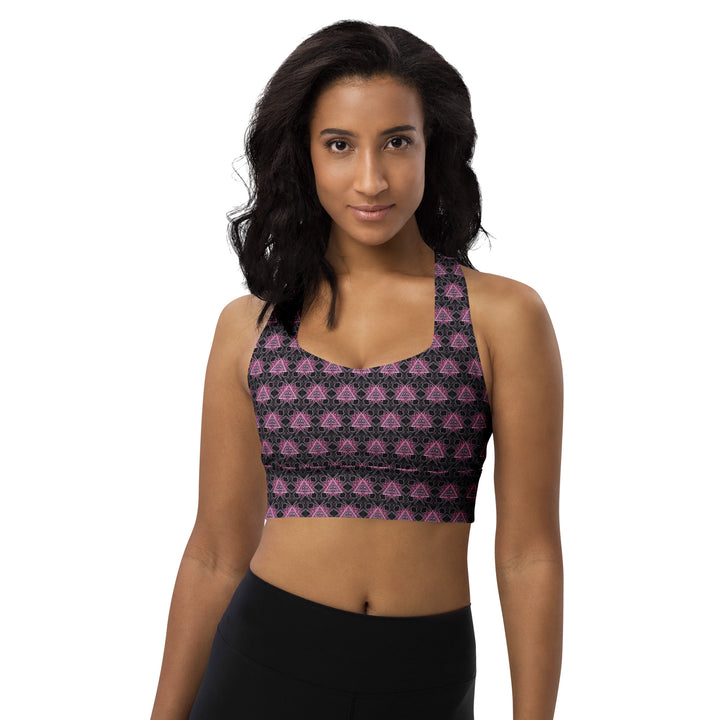 Front view of Eyora recycled sports bra with psychedelic sacred geometry design – ideal for yoga, festivals, and conscious movement.
