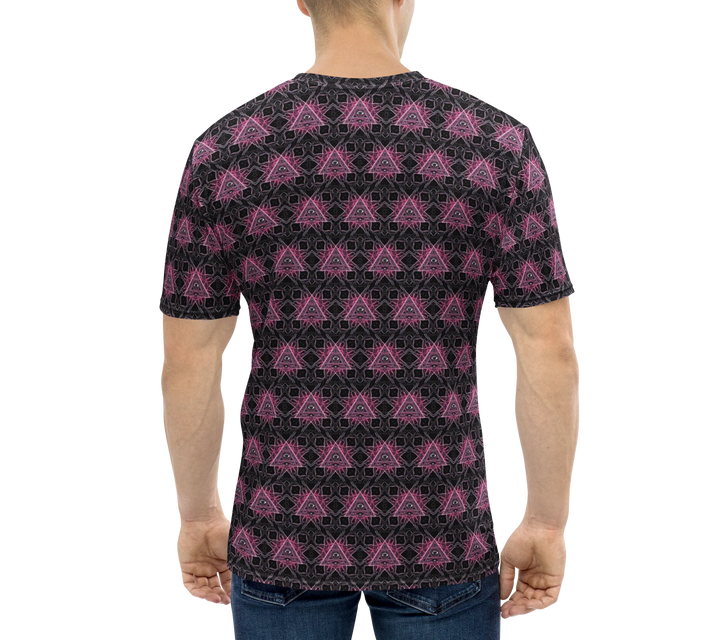 Model back view of Eyora shirt – fractal and sacred geometry art for festivals and visionary streetwear.