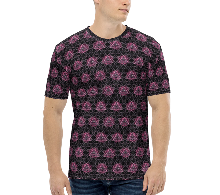 Model front view in Eyora t-shirt – psychedelic art and sacred geometry for rave and conscious fashion lovers.