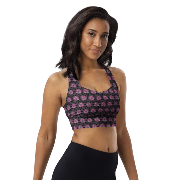 Side view of Eyora recycled sports bra – eco-friendly psychedelic sacred geometry activewear made for yoga and rave culture.