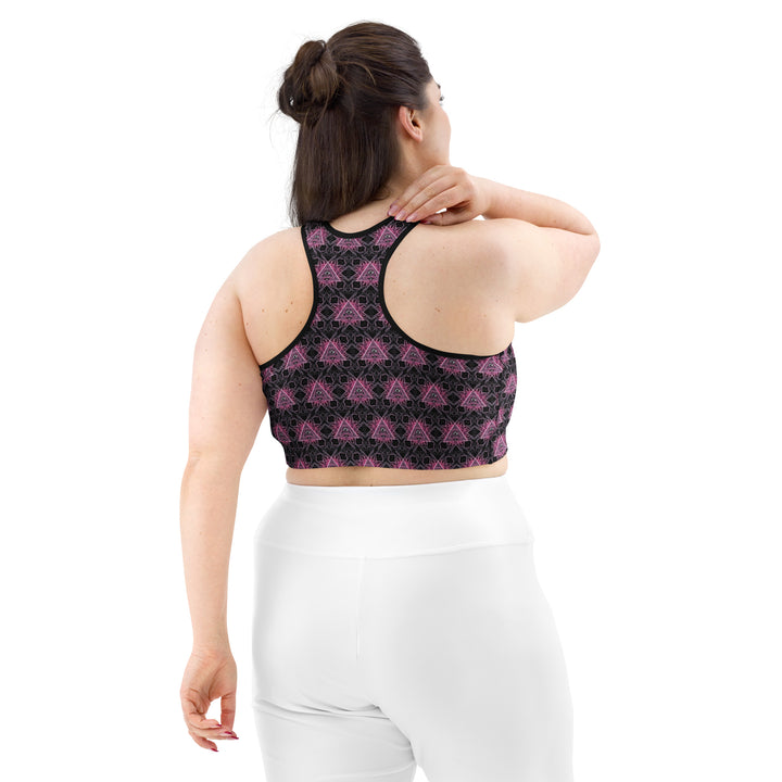 Back view of white-trim Eyora bra – rave-ready sacred geometry workout top big women