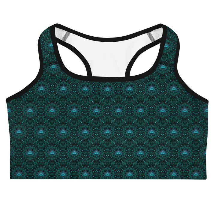 Flat lay front of Geolotus sports bra – sacred geometry print for yoga and activewear lovers