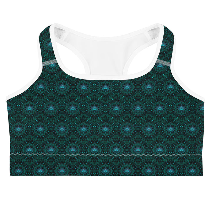 Flat lay of front white-trim Geolotus bra – made for flow, movement, and style