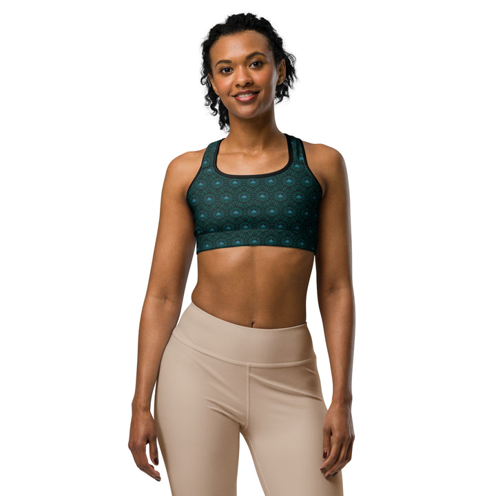 Front view of model in Geolotus bra – performance-ready psychedelic yoga top