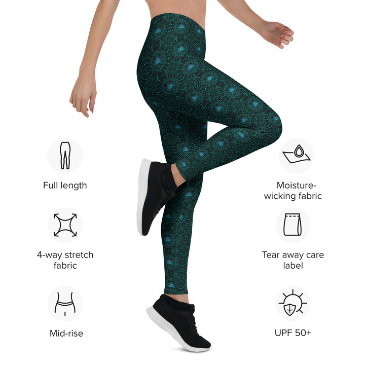 Leg lift pose in GeoLotus leggings – showing flexibility and vibrant sacred lotus energy in motion.