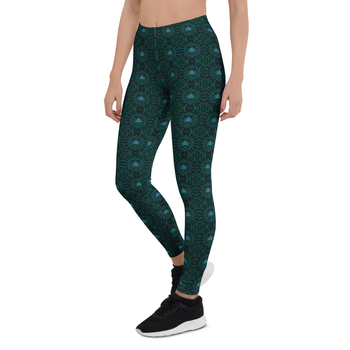Left side view of GeoLotus leggings – flowing lotus geometry for visionary wear and spiritual movement.