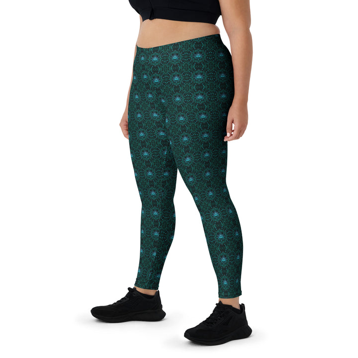 Plus-size front of GeoLotus leggings – expressive sacred lotus print for all-body comfort and flair.