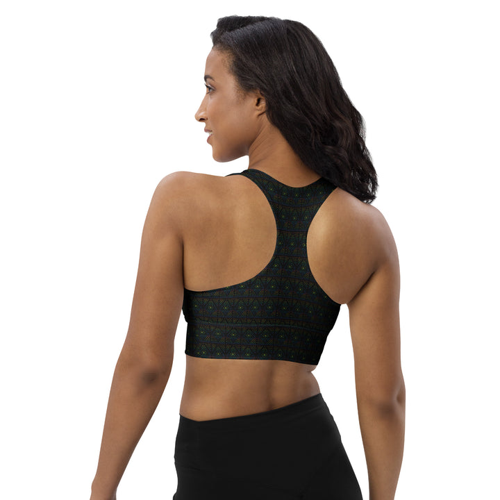 Back view of GeOm longline eco sports bra – psychedelic geometry design perfect for yoga, fitness, and sustainable rave outfits.