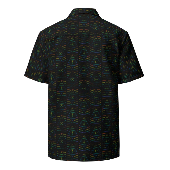 Back view of GeOm black psychedelic button down shirt – complex sacred geometry for spiritual fashion.