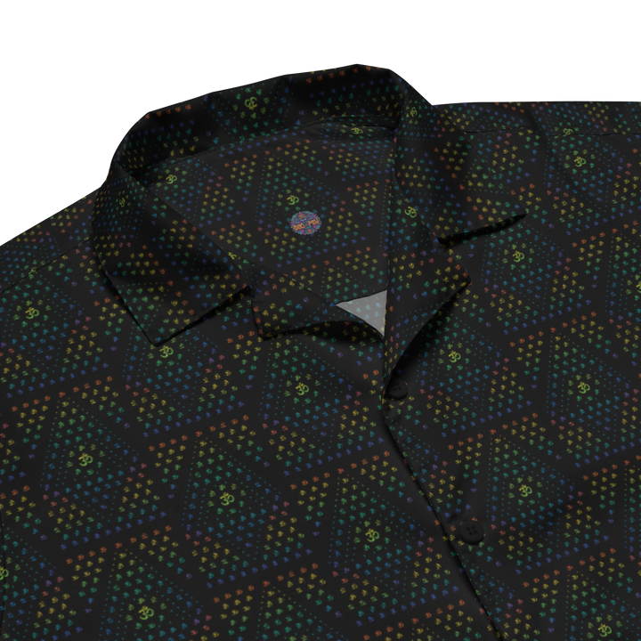 Close-up of collar and intricate sacred geometry pattern on GeOm black shirt – detailed psychedelic design.