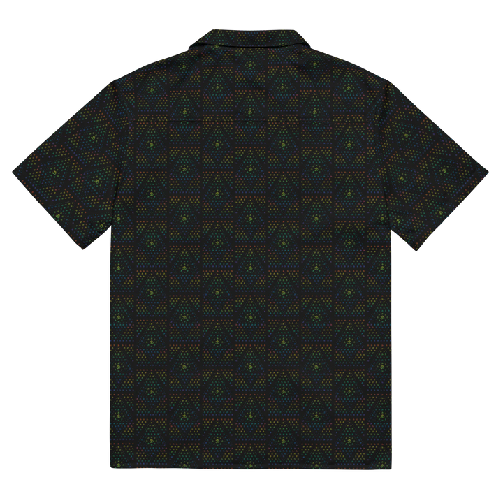 Flat back image of GeOm black shirt – visionary fashion with fractal symmetry and trippy psychedelic vibes.
