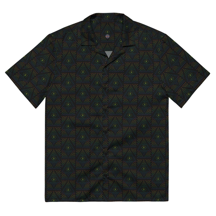 Flat front lay of GeOm black button down shirt – clean structured look with psychedelic sacred geometry print.