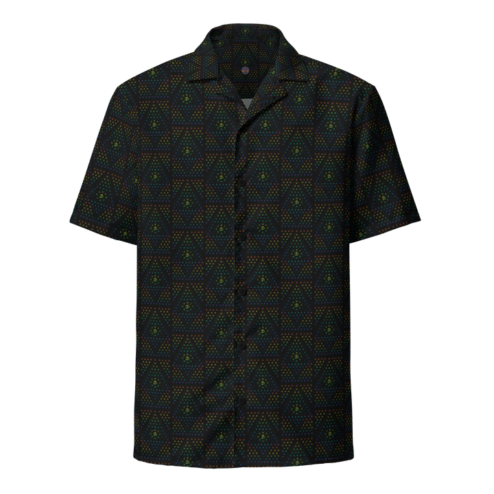 Front view of GeOm black button down shirt – sacred geometry print in a clean visionary design.