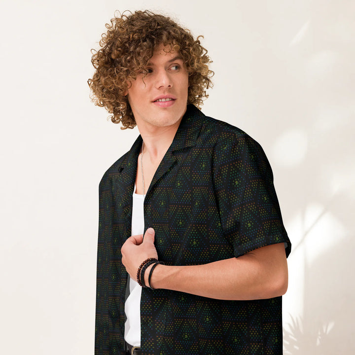 Model wearing GeOm black psychedelic button down shirt – bold sacred geometry design for music festivals.