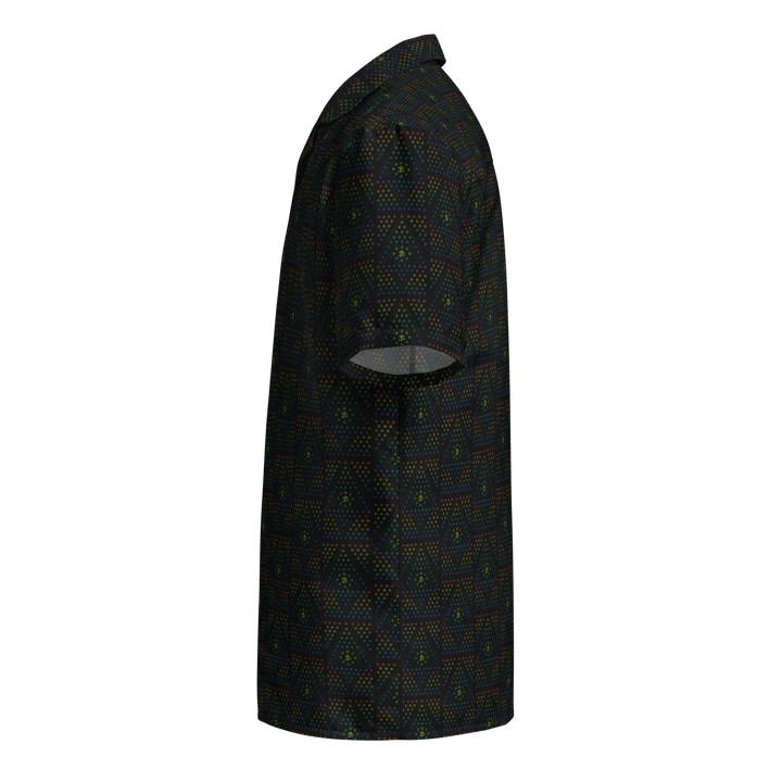 Left side view of GeOm black button down – lightweight festival shirt with trippy sacred symmetry.