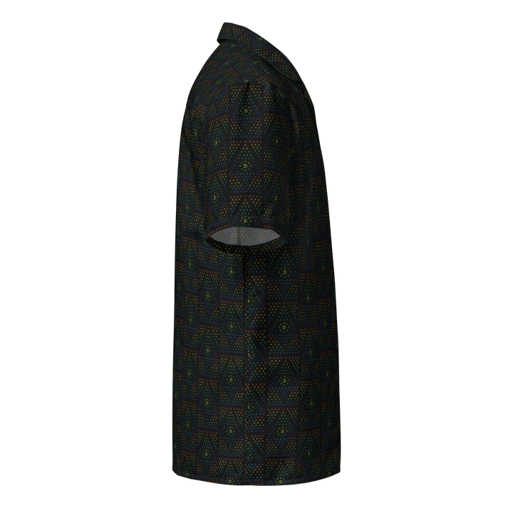Right side angle of GeOm black festival shirt – subtle geometric patterns for visionary aesthetics.