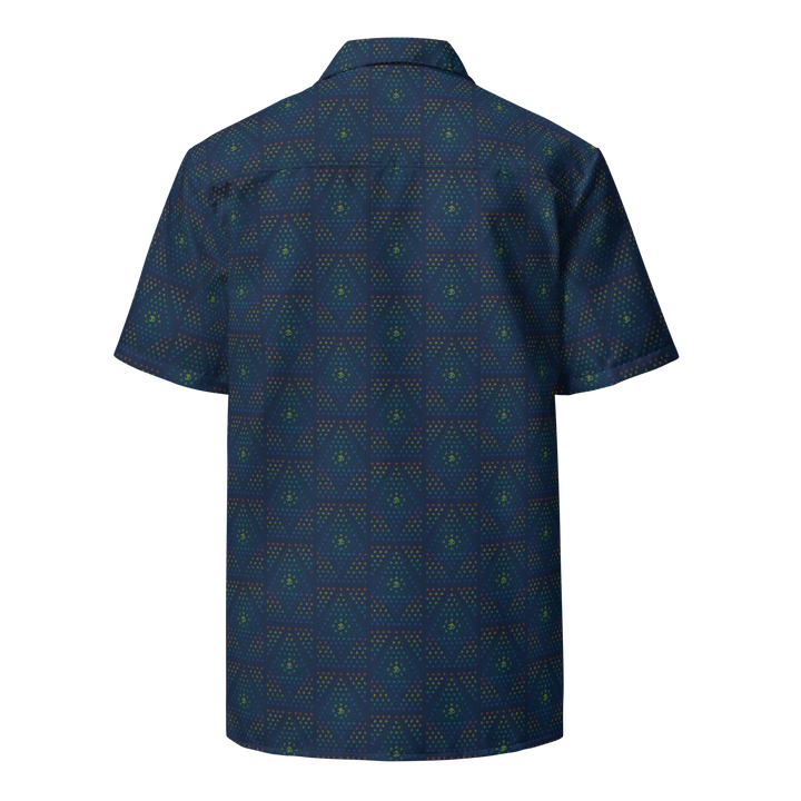 Back view of GeOm blue psychedelic shirt – bold sacred geometry for spiritual streetwear.