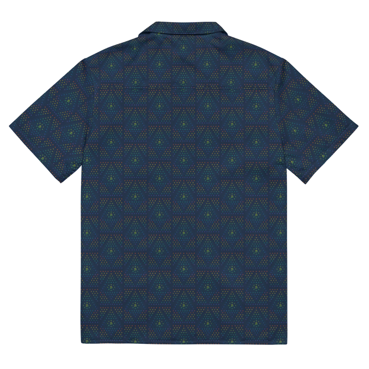 Flat back view of GeOm blue shirt – detailed psychedelic sacred geometry for modern boho style.

