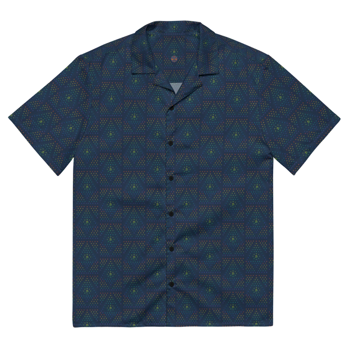 Flat front image of GeOm blue button down – clean visionary shirt with sacred geometric print.