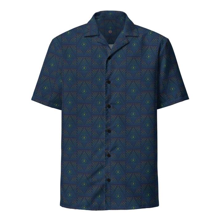 Front view of GeOm blue button down shirt – sacred geometry design for psychedelic fashion lovers.