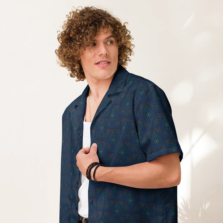 Model wearing GeOm blue button down shirt – sacred geometry design for visionary rave and festival fashion.