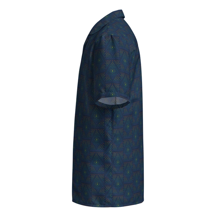 Left side view of GeOm blue shirt – sacred symmetry and psychedelic energy for EDM fashion fans.
