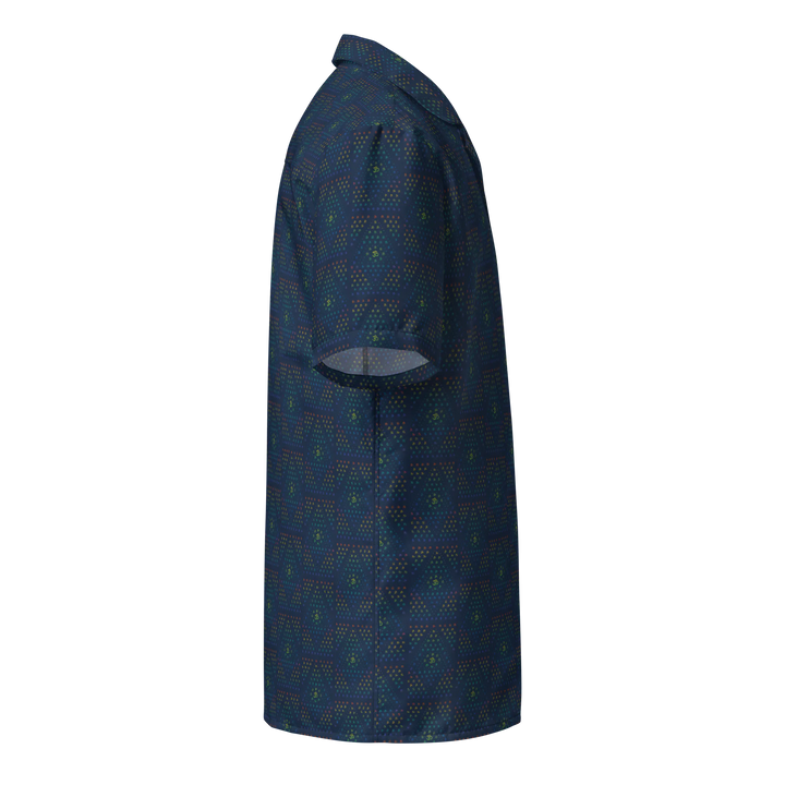 Right side angle of GeOm blue button down shirt – trippy fractal design for rave and festival wear.
