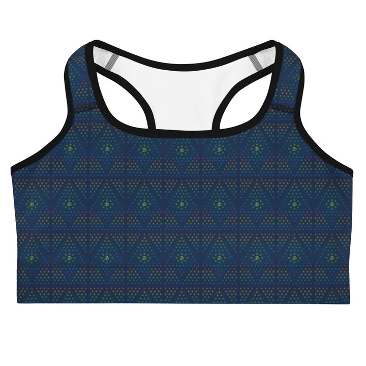 Flat lay front of GeOm sports bra – sacred geometry print for yoga and activewear lovers