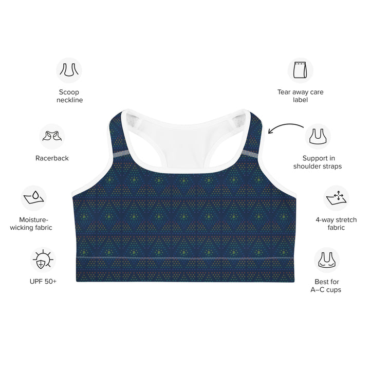 Infographic of GeOm bra (white trim) – breathable, functional, and rave-approved top