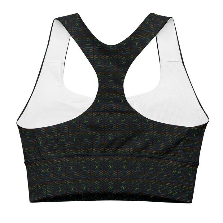 Flat back image of GeOm sports bra – sacred symbols and recycled fabric blend into a bold psychedelic activewear statement.