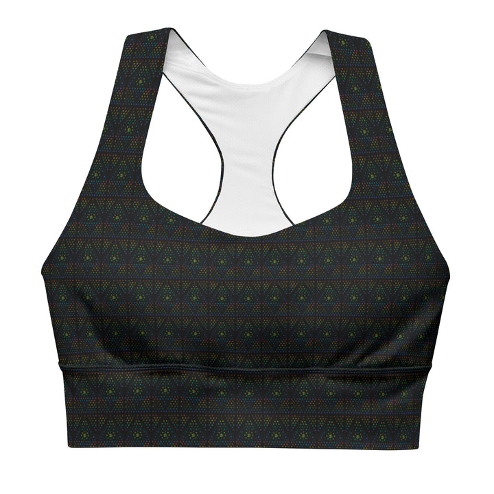 Flat front image of GeOm sacred geometry sports bra – eco-friendly activewear made for rave culture, dance flow, and yoga movement.