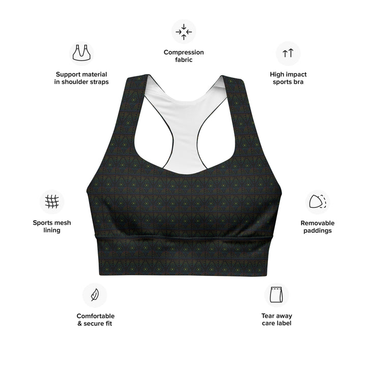 Feature breakdown of GeOm psychedelic sports bra – sustainable sacred geometry design, removable pads, and recycled fabric benefits.