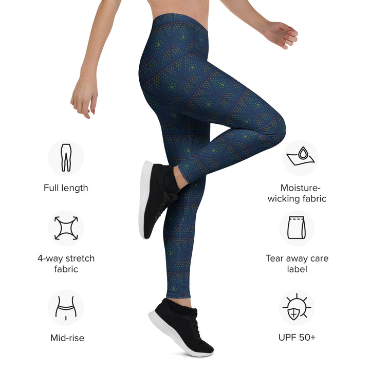 GeOm leggings action pose with feature highlights – 4-way stretch, UPF 50+, perfect for active lifestyles.