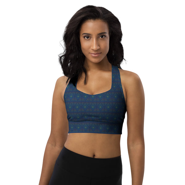 Front view of GeOm recycled sports bra – psychedelic sacred geometry design for yoga, festivals, and conscious movement.