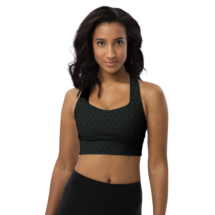 Front shot of GeOm recycled sports bra – vibrant sacred geometry print for festival wear, yoga sessions, and psychedelic fashion lovers.