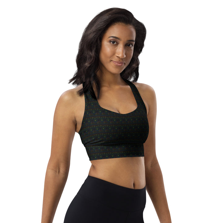 Side view of GeOm eco sports bra – sacred geometry and psychedelic fashion combine in an activewear top made for conscious lifestyles.