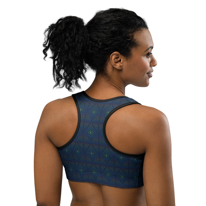 Back view of GeOm racerback bra – sacred geometry activewear for raves, yoga, and performance wear