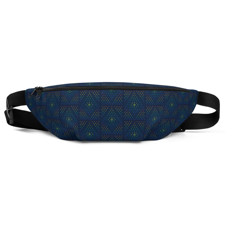 Front flat view of GeOm psychedelic waist pack – a bold visionary fashion accessory.
