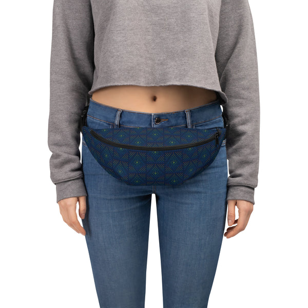 Model wearing GeOm waist pack – sacred geometry design perfect for festivals and raves.