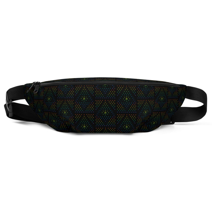 Flat front view of GeOm waistbag – sacred geometry design for psychedelic fashion and festival lovers
