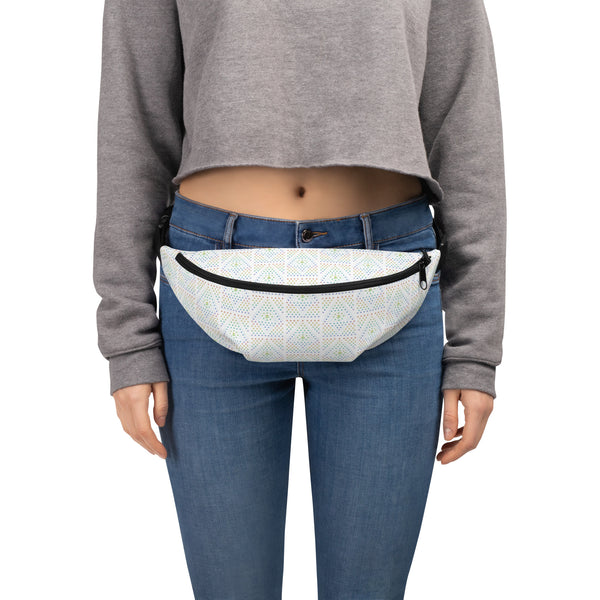 Model wearing GeOm psychedelic waistbag – sacred geometry style for festivals and raves.