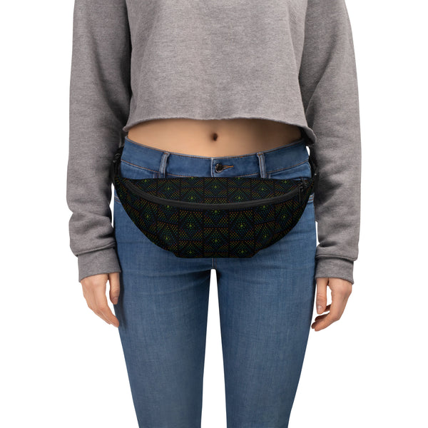 Model wearing GeOm waistbag – psychedelic sacred geometry print perfect for raves, festivals, and visionary streetwear