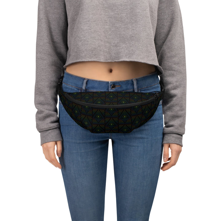 Model wearing GeOm waistbag – psychedelic sacred geometry print perfect for raves, festivals, and visionary streetwear