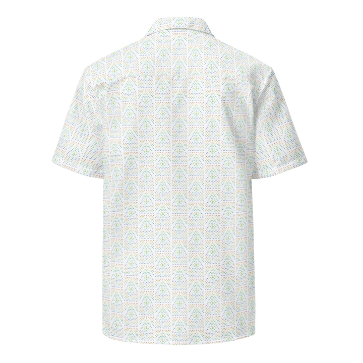 Back view of GeOm white sacred geometry shirt – psychedelic visionary wear for music festivals and EDM culture.