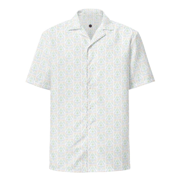Front view of GeOm white psychedelic button down shirt – sacred geometry design for festival and rave fashion.
