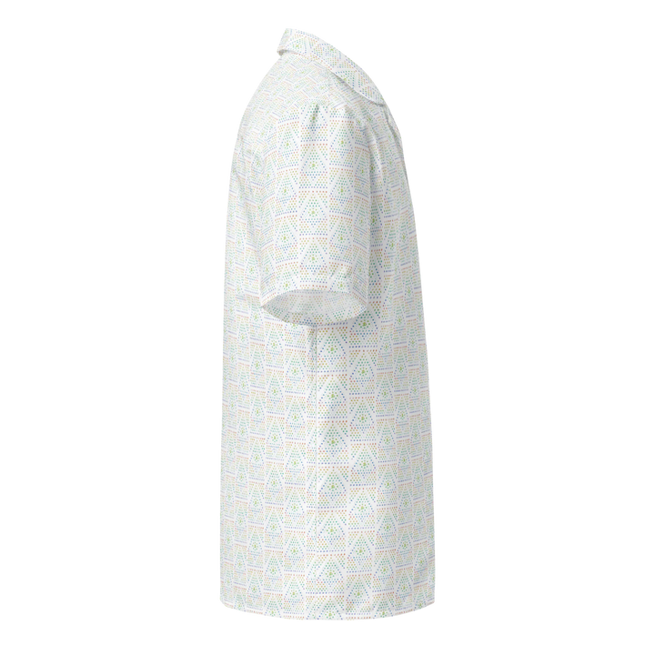 Left side angle of white GeOm festival shirt – sacred geometric print for spiritual fashion lovers and party souls.