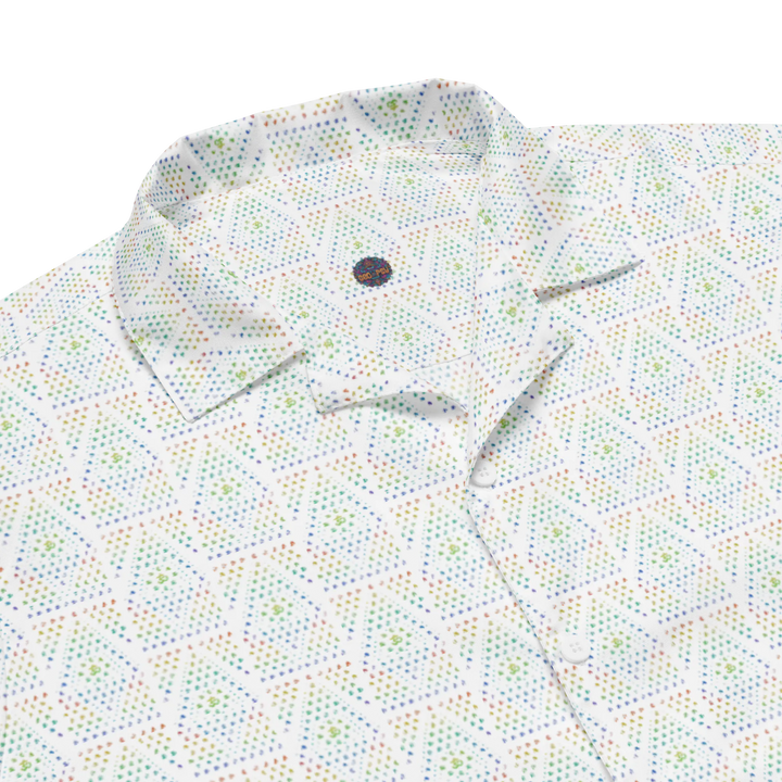 Close-up of collar and pattern – GeOm white shirt with trippy sacred geometry, perfect for spiritual streetwear.