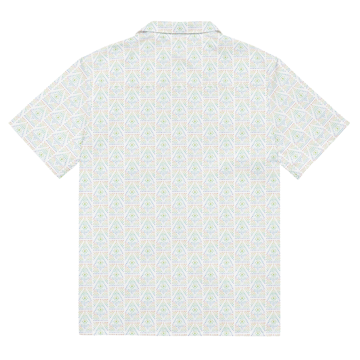 Flat back image of GeOm white shirt – spiritual fashion with trippy sacred geometry, ideal for burner style outfits.